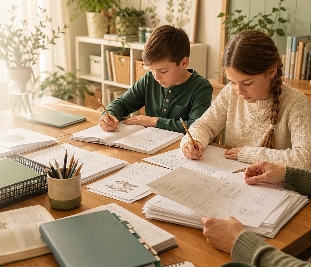 Children writing in paper workbooks at a homeschool table